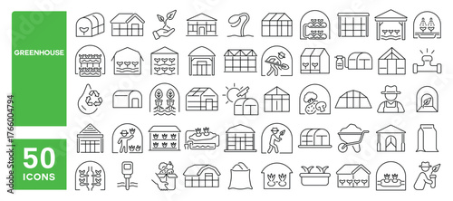 Set of 50 line icons related to greenhouse, glass farm, eco farming, Editable stroke. Vector illustration