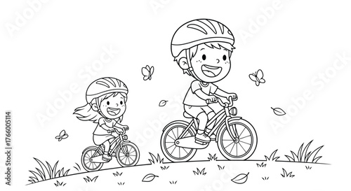 Vector art of two happy cartoon children, a boy and a girl, wearing helmets and riding bicycles on a grassy path with leaves and butterflies around them