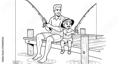 Vector art of a father and his young son sitting on a wooden dock, happily fishing together with their fishing rods in the water