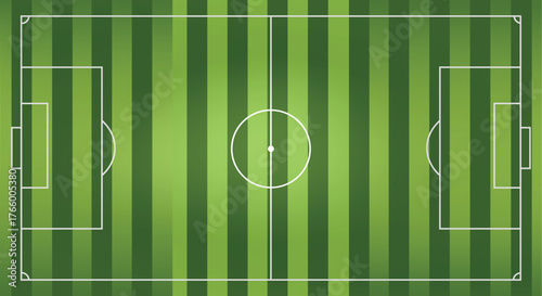 Top down view of a green striped soccer field with white markings football field sports field