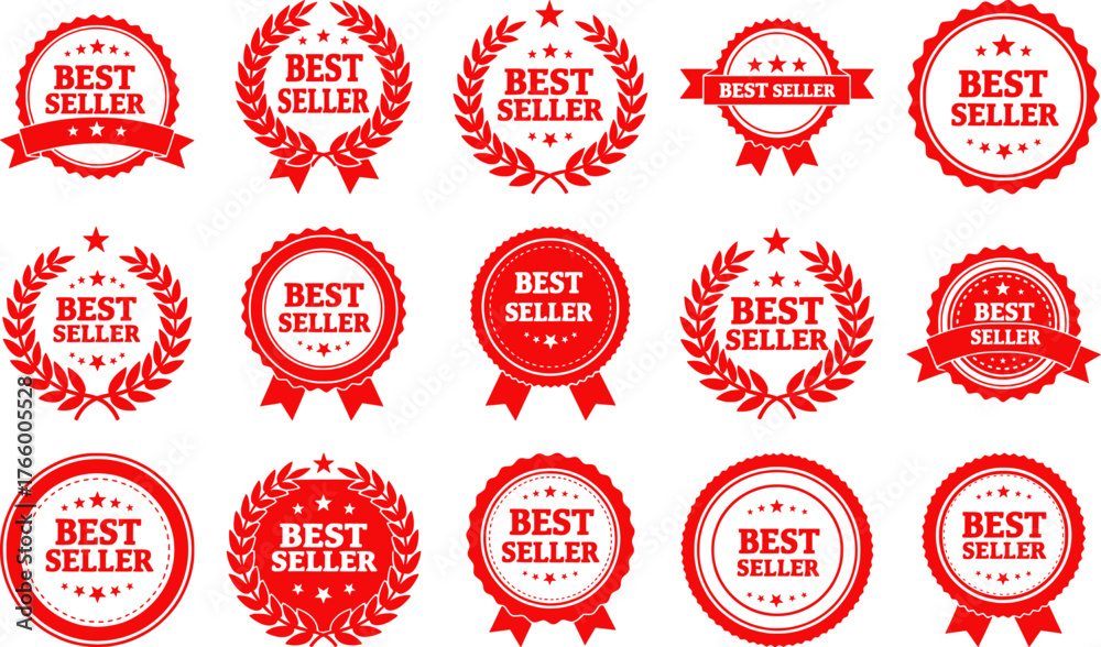 Obraz premium Vector art of set of red best seller badges and seals