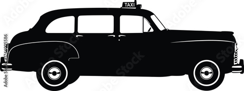 A vintage taxi illustration isolated on white background, capturing its iconic design and classic features in a minimalist black and white style