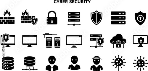 Vector art of cyber security icons including firewall, lock, server, shield, computer, cloud, virus