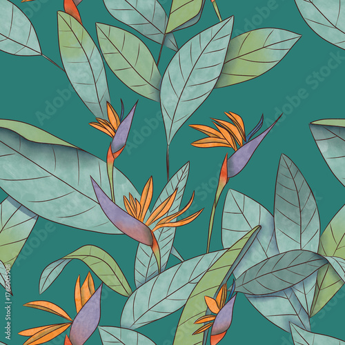 Digital seamless pattern with strelitzia flower and leaves motif; green background