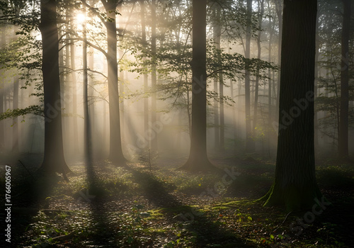 [Generative AI] 안개가 자욱한 숲길의 아침 햇살