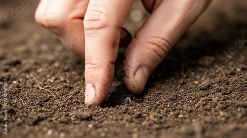 Human hand planting seed in rich dark soil cultivating new life and growth for sustainable future