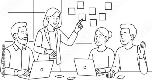 Diverse team collaborating in modern office meeting brainstorming ideas on whiteboard with laptops during business discussion vector