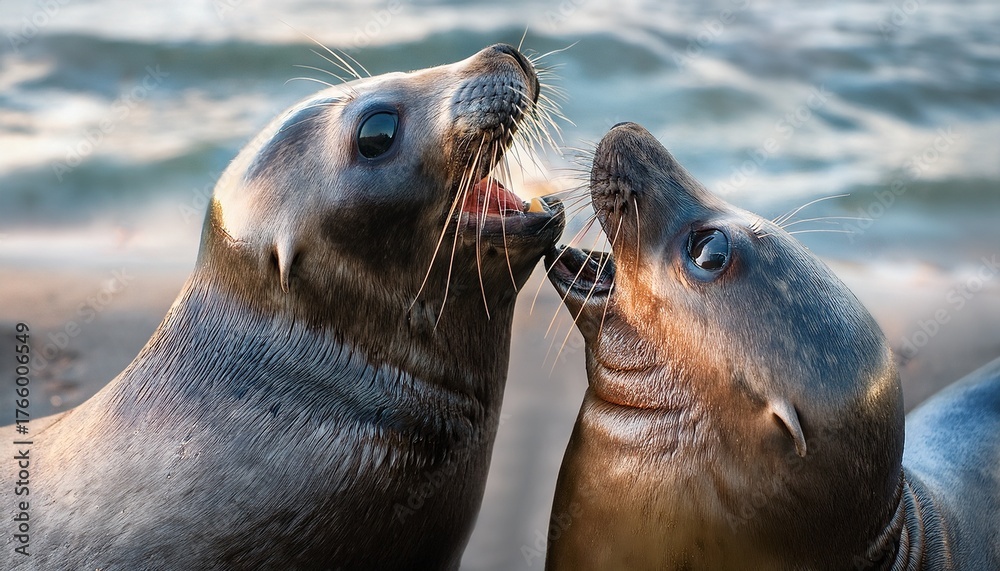 Fototapeta premium snickering out boisterous amusing creature meme picture of cheerful creatures having fun silly natural life picture of two wonderful neighborly dim seals playing around and clearly