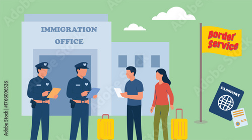 Immigration Office Scene With Border Service Officers, Travelers, And Passport Documentation In Public Area