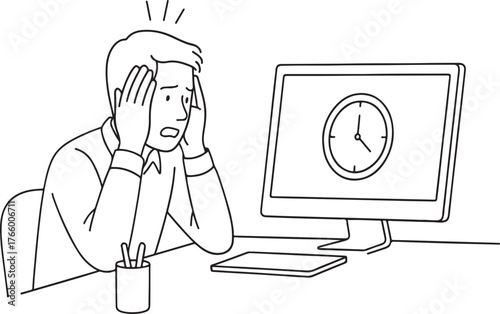 Stressed businessman overwhelmed by deadline sitting at desk with computer displaying urgent clock icon showing time running out vector