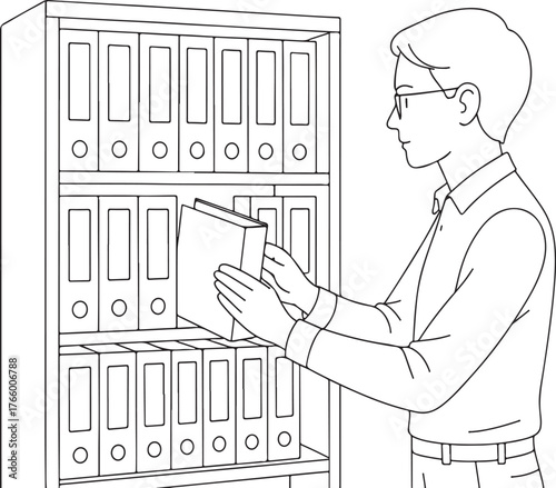 Man in glasses carefully selects document folder from tall shelf filled with archival binders in sketch style vector