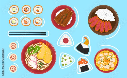 Colorful vector illustration of popular Japanese dishes such as ramen, omurice, okonomiyaki, shrimp tempura, onigiri, and dango on a blue background. Perfect for menu, design, and decoration.