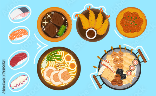 Colorful vector illustration of popular Japanese dishes such as ramen, omurice, okonomiyaki, shrimp tempura, onigiri, and dango on a blue background. Perfect for menu, design, and decoration.