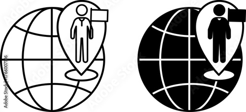 Country Icons. Black and White Vector Illustrations. Globe, Geolocation, and Person with Flag. A territory with defined boundaries, characterized by its own national, and cultural characteristics