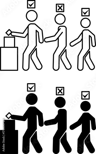 Referendum Icons. Black and White Vector Illustrations. Voters Vote for a Candidate at a Polling Station. Citizen Voting on Issues of National Importance. Election Concept