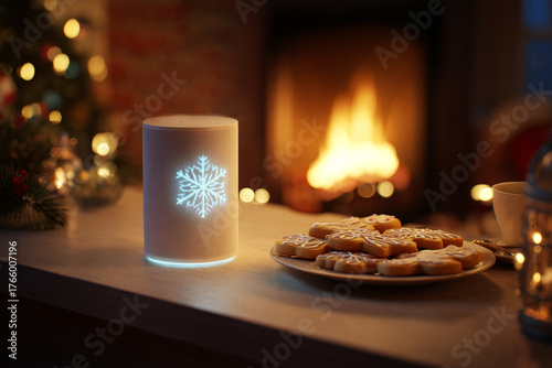 Smart speaker showing animated snowflake display on its screen sits on decorated fireplace mantel next to cookies for Santa Claus