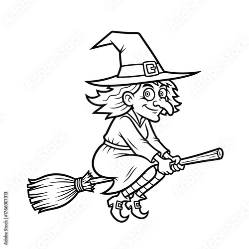 Vector art of a cartoon witch flying on a broomstick, wearing a pointed hat and striped stockings