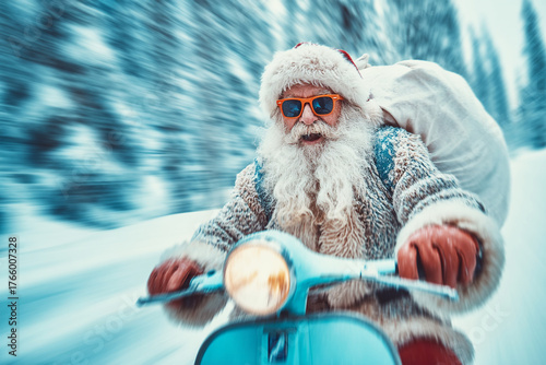 Santa Claus in sunglasses is racing on a scooter along a snowy highway, delivering gifts. Holiday campaigns express delivery services or extreme condition logistics marketing