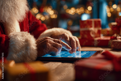 Close-up shot of Santa's hands using apps on touch screen tablet with Christmas presents on desk for technology advertising mobile application promotions or business solutions during holiday season