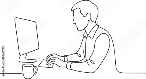Single line drawing of a businessman working at a computer with coffee mug and keyboard representing productivity and technology vector