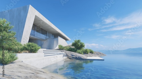 Geometric Concrete Home Integrated with a Calm Shoreline