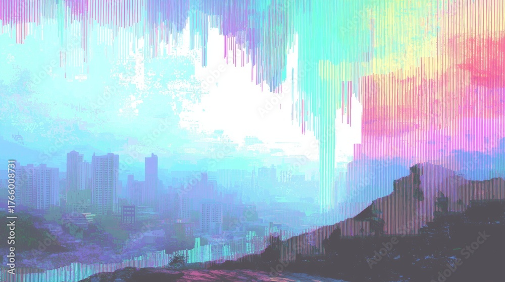 Fototapeta premium Abstract Digital Glitch Cityscape with Vibrant Vertical Lines 