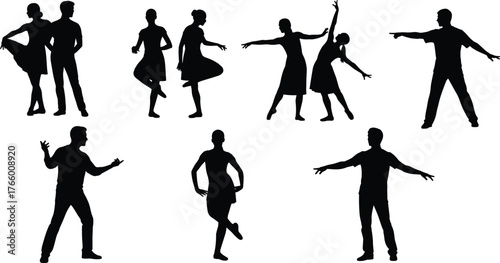 Partner dance silhouette set, expressive movement poses, ballroom and contemporary gesture, cad drawing flat vector illustration