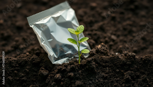 Tiny Sprout Growing from Soil Beside a Seed Packet – Hope & New Beginnings Symbol, Nature’s Resilience: Life Emerging from Packaged Potential

