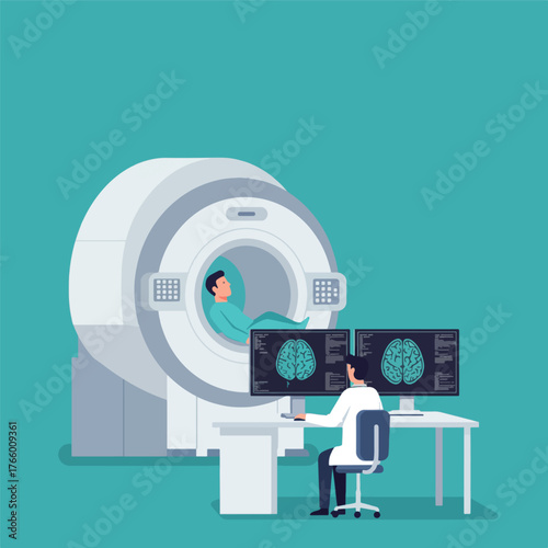 Vector art of doctor operating mri scanner with patient inside
