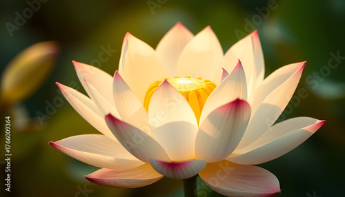 Elegant White Lotus in Soft Glow – Symbol of Purity & Serenity, Blooming Lotus Flower with Golden Center: Spiritual Beauty Captured in Nature
