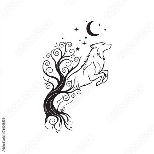 Wolf under moonlight — spiritual animal line art vector with fantasy night sky and swirling design details