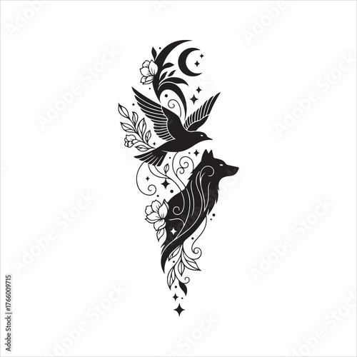 Wolf with moon and bird — mystical night spirit animal vector for tattoo and decorative art design