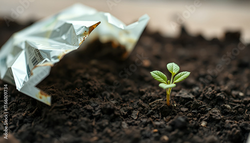 Tiny Green Sprout Emerging from Soil Beside Crumpled Foil – Symbol of Hope & Renewal, Nature’s Resilience: New Life Growing Amidst Waste

