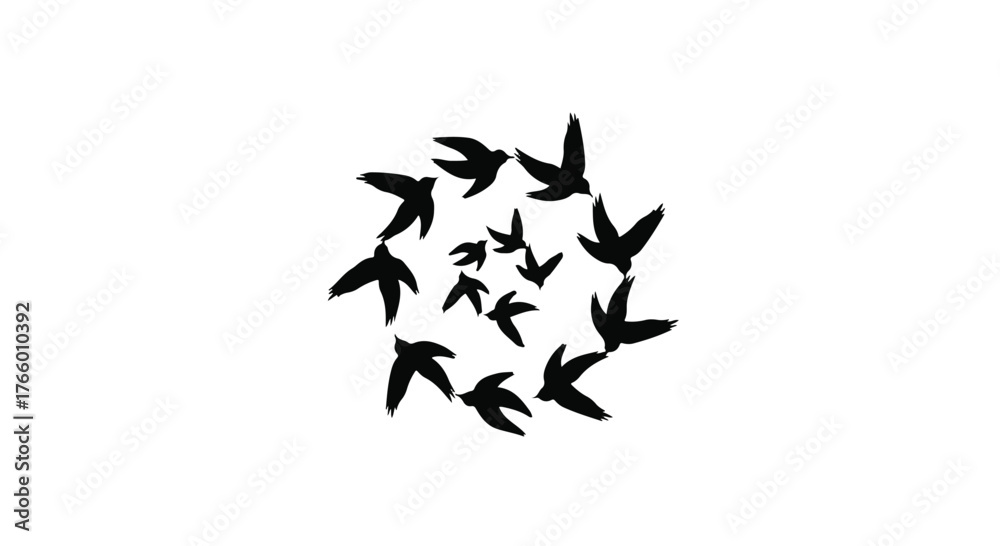 Naklejka premium Flock of birds flying in a circular formation against a white background.