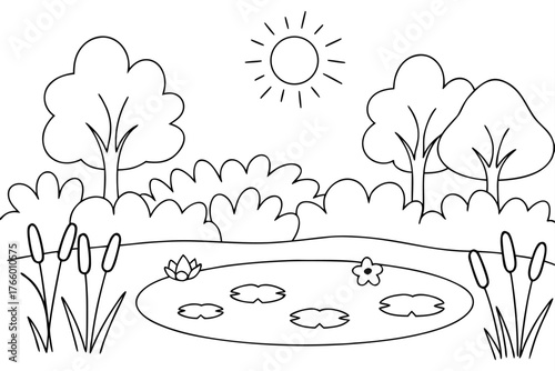 Cartoon pond scene with lily pads reeds trees and a smiling sun water nature