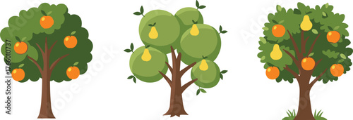 Cartoon fruit trees, orange and pear, stylized foliage, green landscape, orchard illustration, nature design, colorful harvest scene