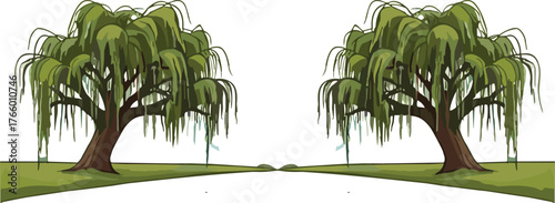 Symmetrical willow trees, grassy landscape, drooping branches, nature illustration, mirrored design, tranquil scene, green foliage, peaceful composition