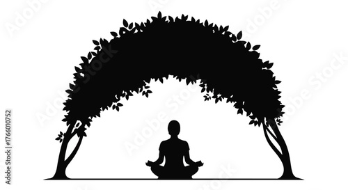 Silhouette of person meditating peacefully under lush green tree canopy