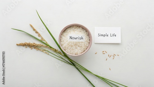 Simple Life Concept with Rice Bowl and Fresh Green Grass