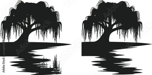 Willow tree silhouette, water reflection, tranquil nature scene, black and white art, peaceful landscape, ripples, mirrored symmetry