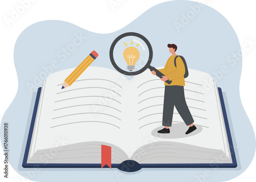 A student magnifies a book to reveal a bright idea lightbulb, symbolizing discovery, learning, and innovation through study