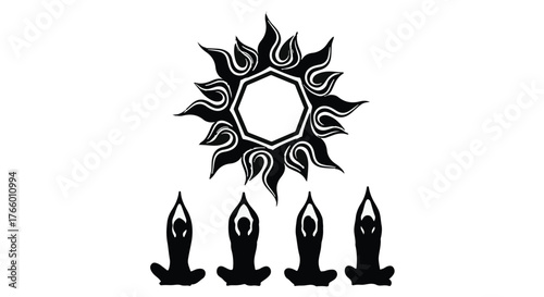 Four silhouetted figures in meditation pose beneath a stylized sun symbol