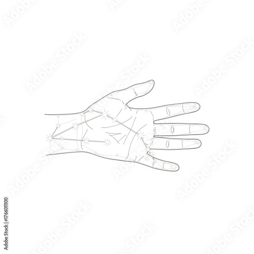 Mystical hand with constellation map for palmistry readings, tarot card designs, and spiritual guidance in a minimalist, elegant illustration