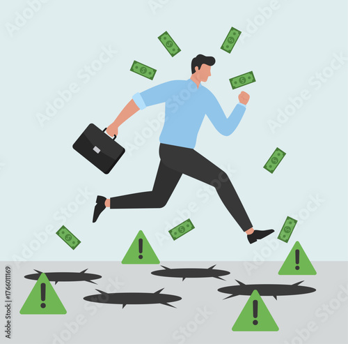A businessman leaps over financial pitfalls while chasing falling money, symbolizing risky investments and business hazards