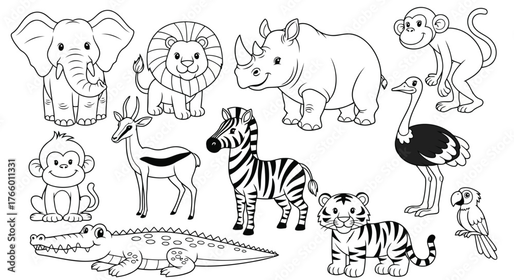 Fototapeta premium Vector art of collection of various wild animals including elephant, lion, rhino, monkey, zebra, tiger, ostrich, parrot, crocodile, and antelope, black and white line art illustration