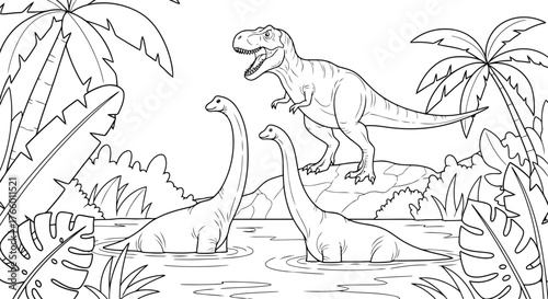 Vector art of a prehistoric scene with a tyrannosaurus rex and two brachiosaurus dinosaurs in a lush jungle landscape with palm trees and water