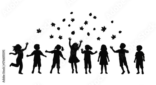 Joyful children celebrating outdoors, silhouetted against a white background with falling leaves