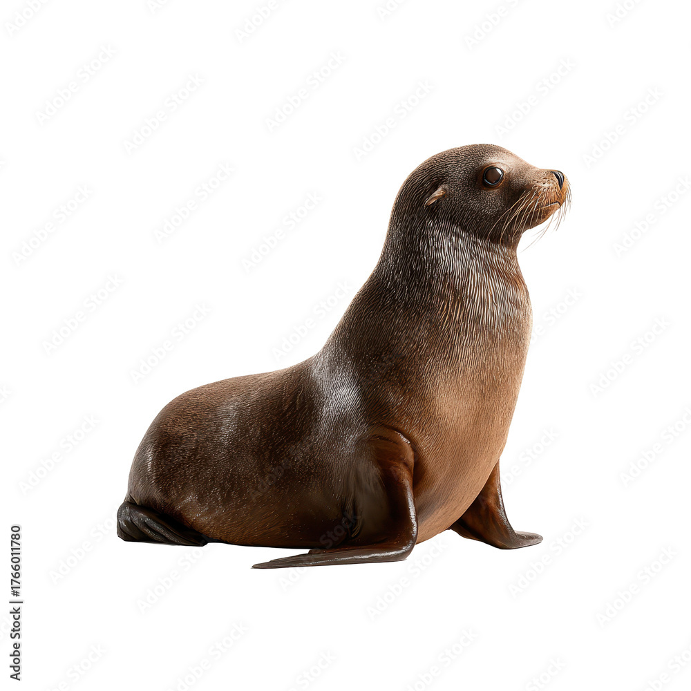 Fototapeta premium Sea lion rests on a rock, showing its smooth coat and curious expression in a marine habitat environment isolated on transparent background