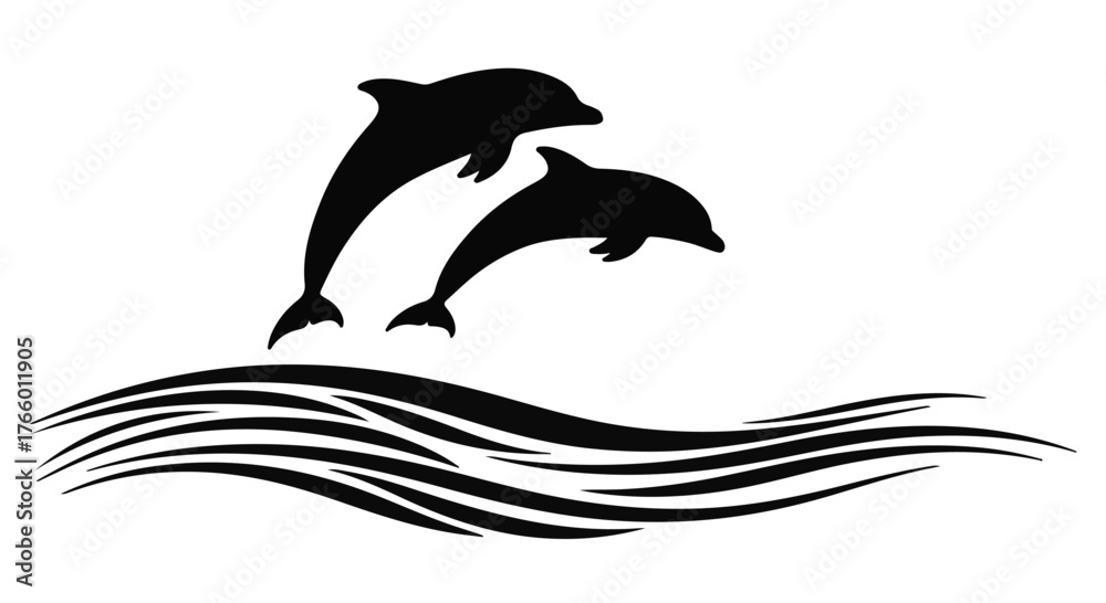 Fototapeta premium Graceful silhouettes of two dolphins leaping from stylized waves, symbolizing freedom and joy.
