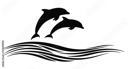 Graceful silhouettes of two dolphins leaping from stylized waves, symbolizing freedom and joy.